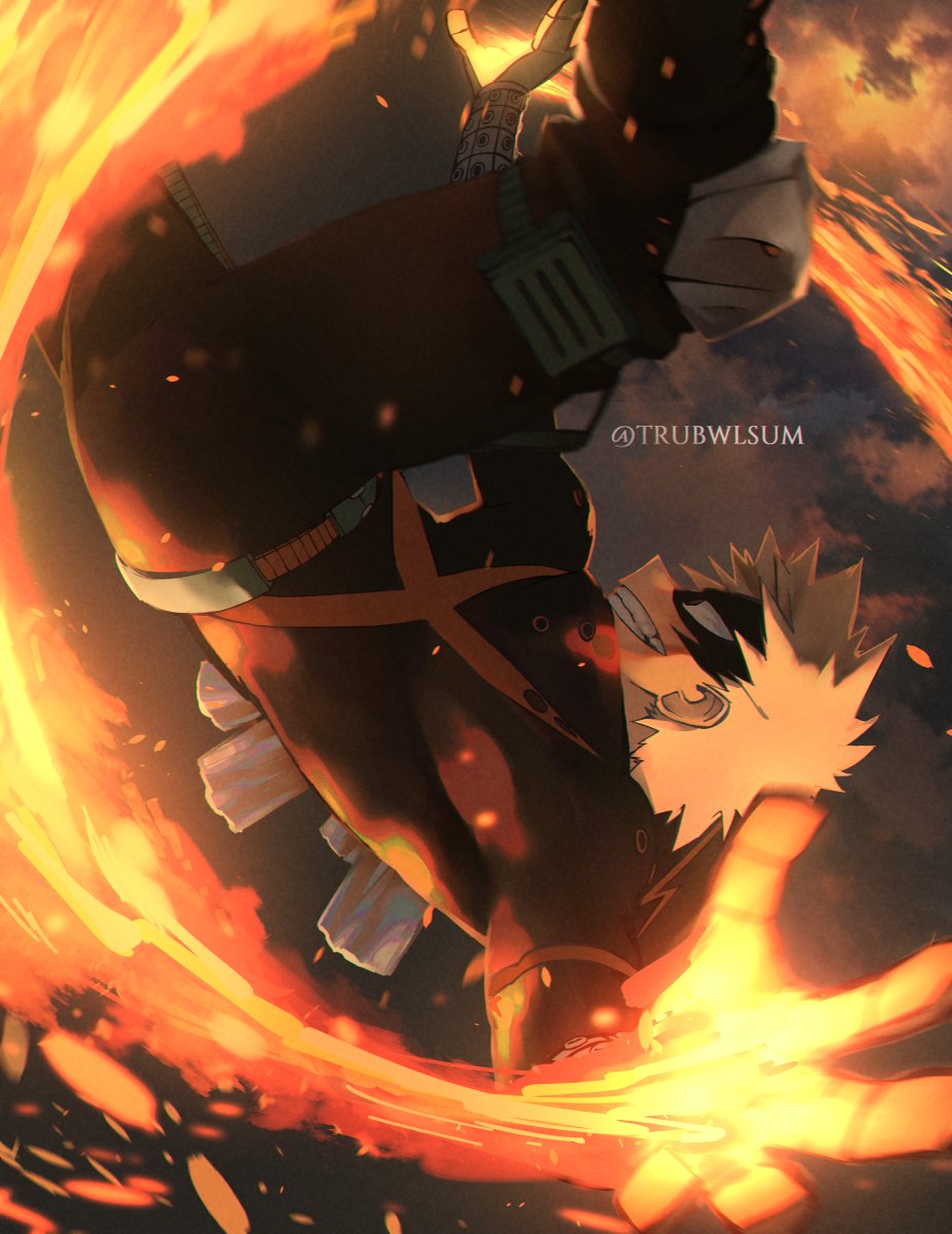 1boy artist_name bakugou_katsuki belt black_mask black_pants blonde_hair bloom boku_no_hero_academia boots buckle chromatic_aberration commentary cylinder embers english_commentary eye_mask falling feet_out_of_frame film_grain fire foreshortening from_side gloves green_gloves grin hands_up headgear high_collar highres knee_boots knee_pads leaning_forward light looking_ahead male_focus midair orange_gloves outstretched_arms pants profile red_eyes sanpaku short_hair single_horizontal_stripe smile smoke snap-fit_buckle solo spiked_hair spread_arms trubwlsum two-tone_gloves upside-down wrist_guards