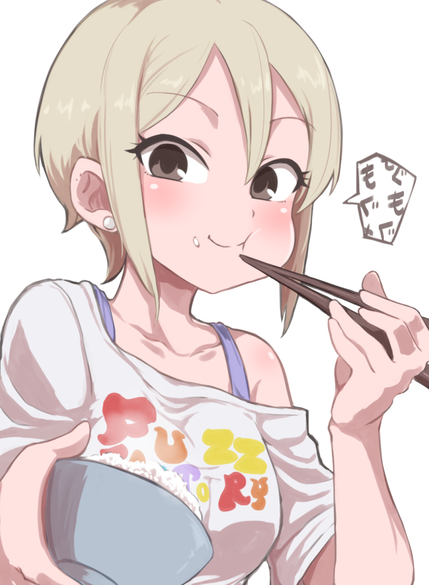 1girl black_eyes blush bowl bra_strap breasts chopsticks closed_mouth collarbone earrings eating food food_on_face gazacy_(dai) grey_hair highres holding holding_bowl holding_chopsticks idolmaster idolmaster_cinderella_girls idolmaster_cinderella_girls_starlight_stage jewelry looking_at_viewer medium_breasts print_shirt rice shiomi_syuko shirt short_hair short_sleeves simple_background single_bare_shoulder single_off_shoulder smile solo speech_bubble steam text_print translated upper_body white_background white_shirt