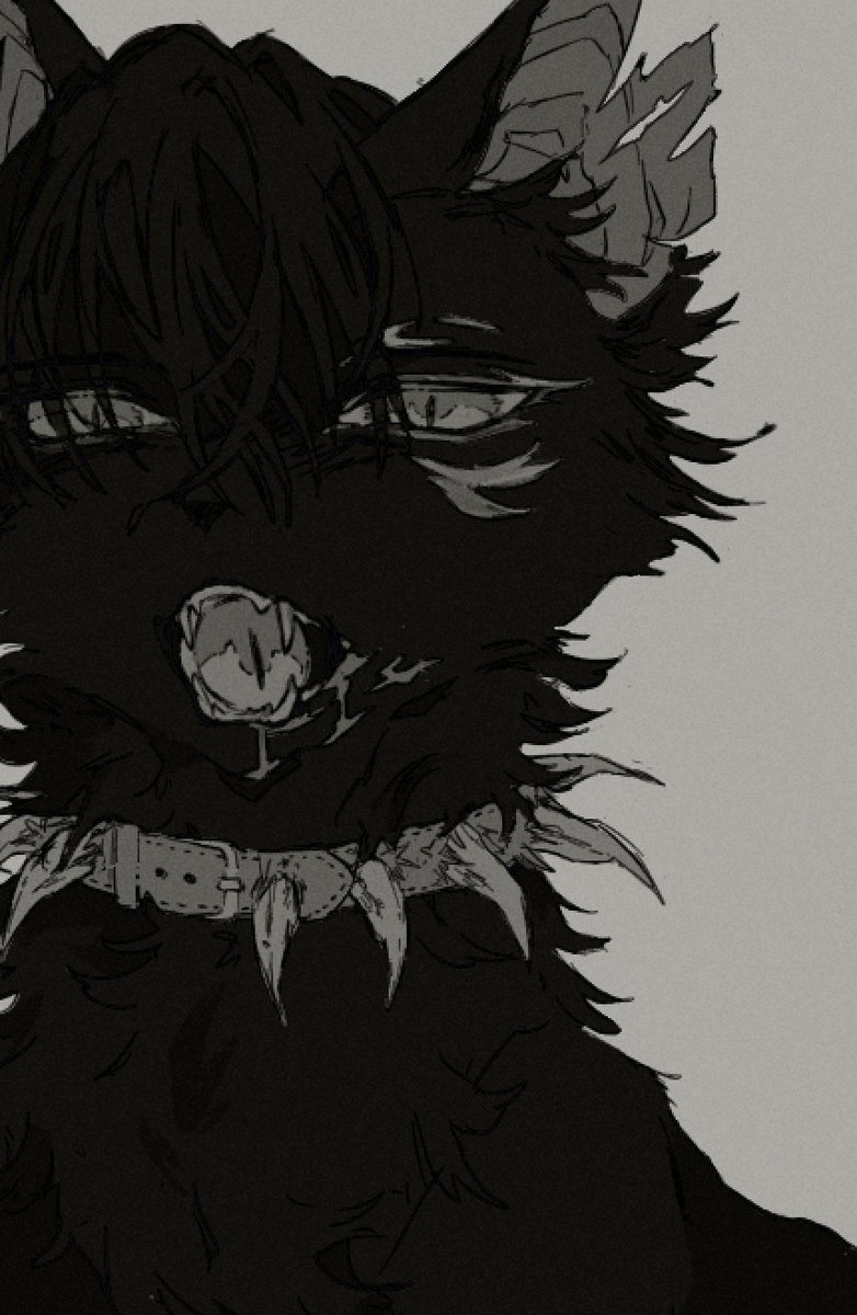 black_fur blood cat collar grey_background greyscale highres monochrome no_humans notched_ear open_mouth scourge_(warrior_cats) sharp_teeth solo spiked_collar spikes teeth warrior_cats wxlfpatch