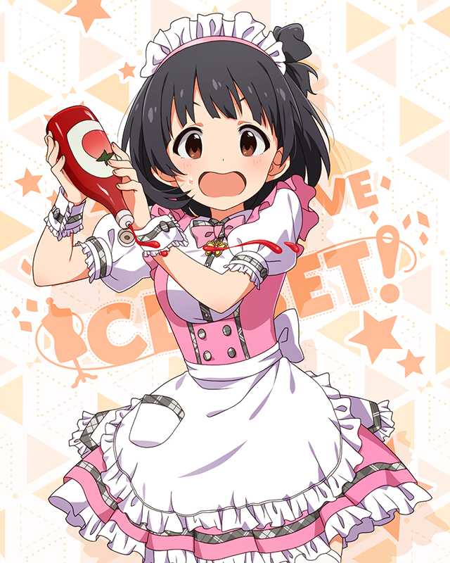 1girl apron black_hair blunt_bangs bow bowtie brown_eyes butterfly_ornament confused dot_nose dress frilled_apron frilled_skirt frills high_side_ponytail holding idolmaster idolmaster_million_live! idolmaster_million_live!_theater_days ketchup ketchup_bottle maid_headdress nakatani_iku official_alternate_costume official_art open_mouth pink_bow pink_bowtie pink_dress pretty_waitress_(idolmaster) puffy_short_sleeves puffy_sleeves shirt short_hair short_sleeves sidelocks skirt solo standing starry_background sweat thighhighs upper_body v-shaped_eyebrows waist_apron waitress wavy_mouth white_apron white_shirt white_thighhighs wrist_cuffs