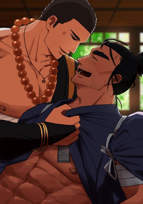 2boys abs anger_vein bara bead_necklace beads beard_stubble black_hair blurry blurry_background blush bracelet closed_eyes collarbone crave_saga dark-skinned_male dark_skin facial_hair fuyou_(crave_saga) ginjimaru_(crave_saga) japanese_clothes jewelry kimono kimono_pull long_hair looking_at_another male_focus mature_male monk multiple_boys muscular nattukre necklace nipples open_mouth pectorals ponytail short_hair sparse_chest_hair stubble thick_eyebrows very_short_hair yaoi