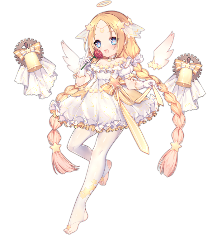 1girl :3 :d angel_(ark_order) angel_wings ao_jun ark_order bell blonde_hair blue_eyes blush bow braid constellation_print detached_wings diadem dress flower forehead frilled_dress frills full_body gears gloves hair_ornament halo holding holding_flower long_hair looking_at_viewer mini_wings official_art pantyhose pink_pupils pointy_ears puffy_dress red_flower red_rose rose see-through see-through_legwear short_dress sidelocks smile solo standing standing_on_one_leg star-shaped_pupils star_(symbol) star_hair_ornament star_print stirrup_legwear symbol-shaped_pupils tachi-e toeless_legwear transparent_background twin_braids veil very_long_hair white_dress white_gloves white_pantyhose white_wings wings yellow_bow