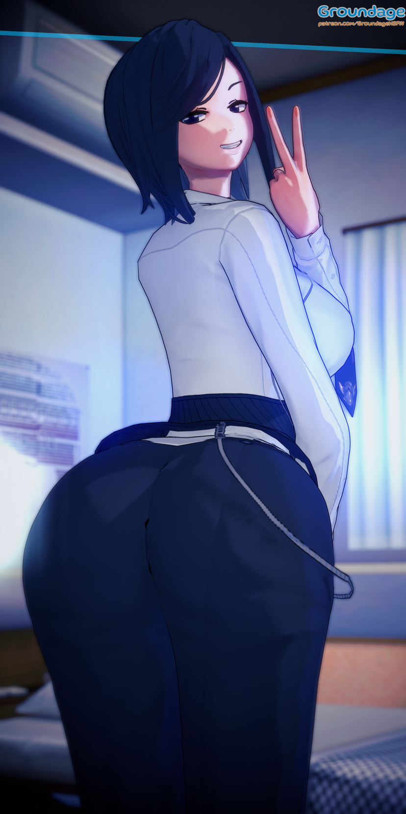 1girl ark_royal_(azur_lane) ark_royal_(cafe_lookout)_(azur_lane) ass ass_focus azur_lane back bed bed_sheet bedroom belt black_corset black_hair black_pants blue_eyes corset from_behind groundage high_belt highres historical_name_connection huge_ass indoors koikatsu_(medium) legs name_connection pants