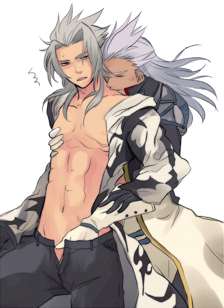 2boys abs ansem_seeker_of_darkness armor bare_pectorals black_coat black_gloves black_pants closed_eyes coat commentary_request dark_skin elbow_gloves gloves grey_hair hand_in_another's_pants hand_on_another's_chest hug hug_from_behind kingdom_hearts kingdom_hearts_ii kiss kissing_neck long_hair looking_back male_focus minatoya_mozuku multiple_boys nipples notice_lines open_clothes open_coat open_fly open_mouth pants parted_bangs pauldrons pectorals shoulder_armor sidelocks simple_background spiked_hair standing sweatdrop upper_body white_background white_gloves xemnas yaoi yellow_eyes