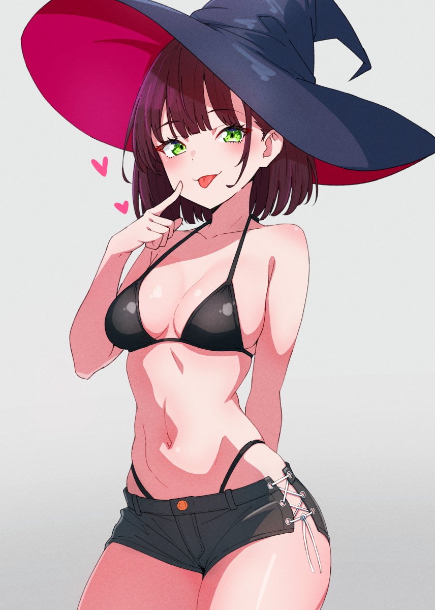 1girl :p bikini black_bikini black_hat black_shorts breasts character_request collarbone commentary_request copyright_request green_eyes grey_background hat heart highres kamidan looking_at_viewer medium_breasts navel red_hair short_shorts shorts simple_background solo swimsuit thighs tongue tongue_out witch_hat