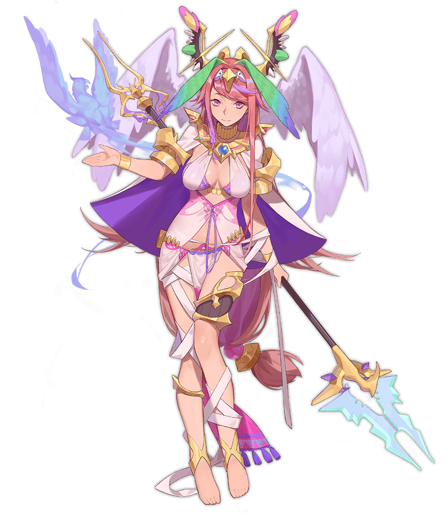 1girl anklet ark_order bandaged_leg bandages barefoot bird bra bracelet breasts breasts_apart cape center_opening closed_mouth dress fire full_body hairband head_wings holding holding_polearm holding_weapon jewelry large_breasts long_hair looking_at_viewer low-tied_long_hair necklace official_art pelvic_curtain pink_hair polearm purple_bra qa'a_(ark_order) red_cucumber sidelocks sleeveless sleeveless_dress smile solo tachi-e thighlet transparent_background underwear variant_set very_long_hair weapon white_cape white_dress white_wings wings