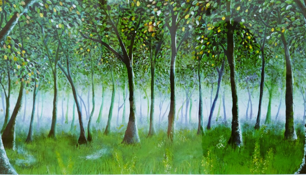 fog forest grass mizukiteiko8 nature no_humans original painting_(medium) plant rock sample_watermark scenery traditional_media tree watermark