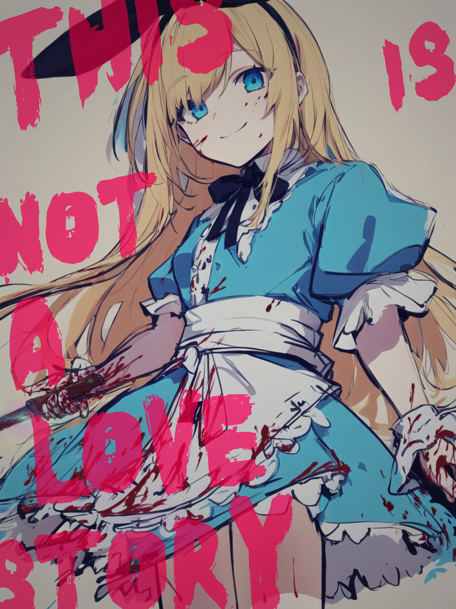 1girl alice_(alice_in_wonderland) alice_in_wonderland animal_ear_hairband animal_ears black_ribbon blonde_hair blood blood_on_clothes blood_on_face blood_on_hands blood_on_weapon blue_dress blue_eyes cowboy_shot dagger dot_nose dress english_text fake_animal_ears hairband highres holding holding_knife its_(pixiv_61283676) knife long_hair neck_ribbon puffy_short_sleeves puffy_sleeves rabbit_ear_hairband rabbit_ears ribbon sash short_dress short_sleeves sidelocks smile solo split_mouth weapon white_background white_sash white_wrist_cuffs wrist_cuffs