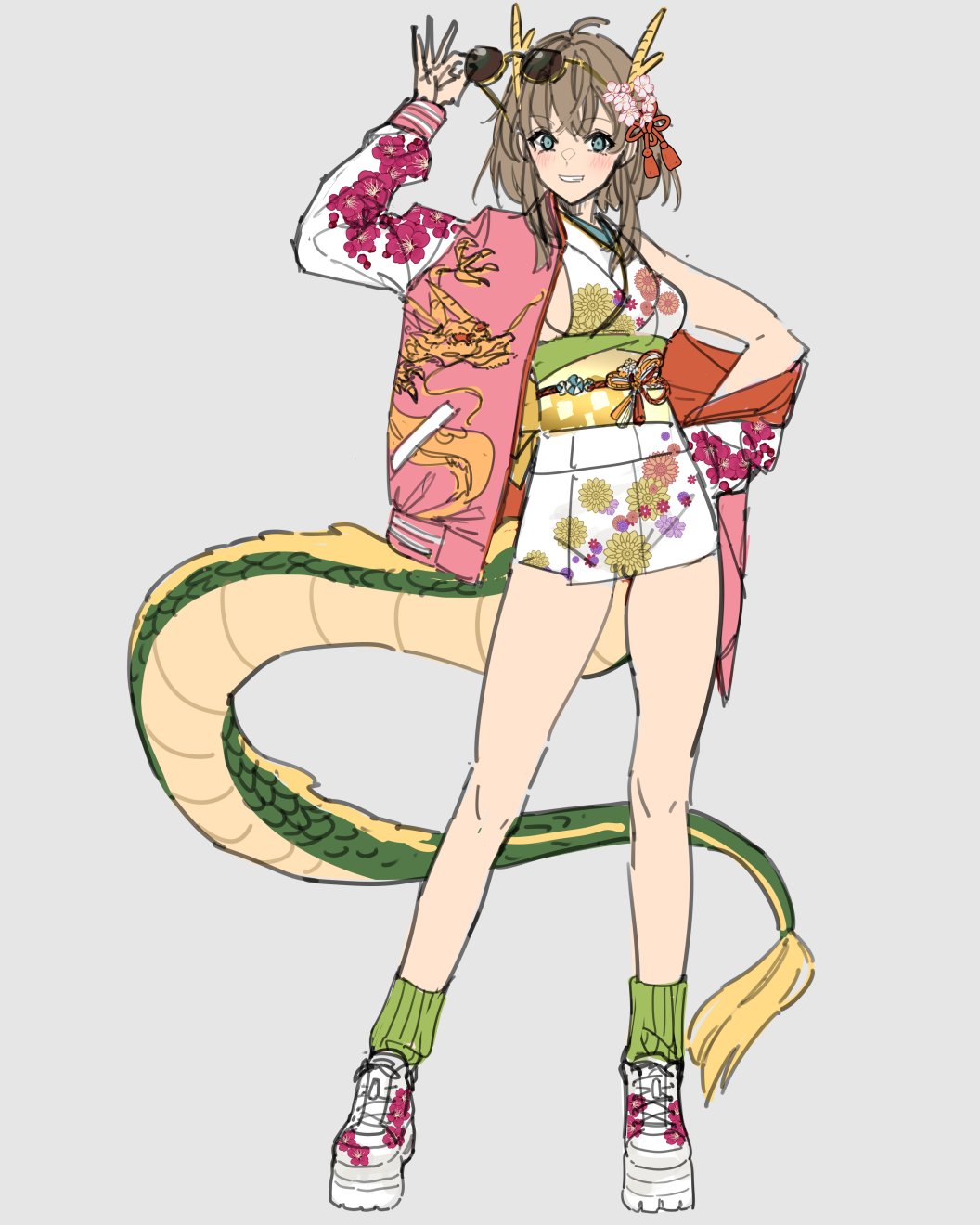 1girl ahoge blue_eyes blush breasts brown_hair cherry_blossom_print dragon_girl dragon_horns dragon_tail floral_print flower full_body green_socks grey_background hair_flower hair_ornament highres horns jacket japanese_clothes kimono legs looking_at_viewer medium_breasts open_clothes open_jacket original parted_lips platform_footwear shoes short_hair_with_long_locks short_kimono sideboob simple_background sketch smile sneakers socks solo sukajan sunglasses tail taka_oedo unworn_eyewear