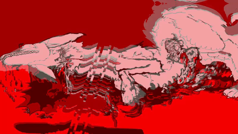 ambiguous_gender animated blood bodily_fluids canid canine canis death domestic_dog effects feral fur glitch gore guncht mammal pink_body pink_fur red_background simple_background solo