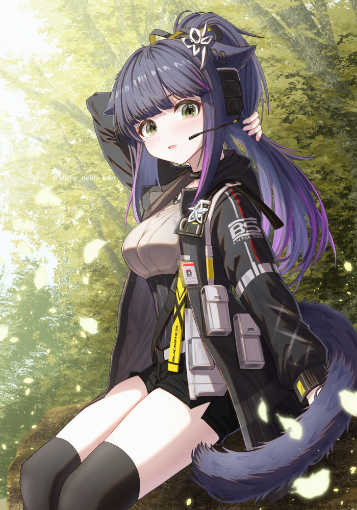 1girl ammunition_belt ammunition_pouch animal_ears arknights arm_behind_head artist_name belt black_choker black_jacket black_shorts black_thighhighs blunt_bangs blush breasts bush cat_ears cat_girl cat_tail choker commentary_request day from_side green_eyes grey_shirt gun hair_flaps hair_ornament hair_ribbon hands_up head_tilt headset holding holding_own_hair holding_own_tail holstered hood hood_down hooded_jacket jacket jessica_(arknights) jessica_the_liberated_(arknights) large_breasts legs_together long_hair long_sleeves looking_at_viewer multicolored_hair on_tree open_clothes open_jacket open_mouth outdoors parted_bangs parted_lips ponytail pouch purple_hair ribbon shironekoban shirt short_shorts shorts sidelocks sitting sky solo straight_hair streaked_hair tail thighhighs tree twitter_username vegetation weapon