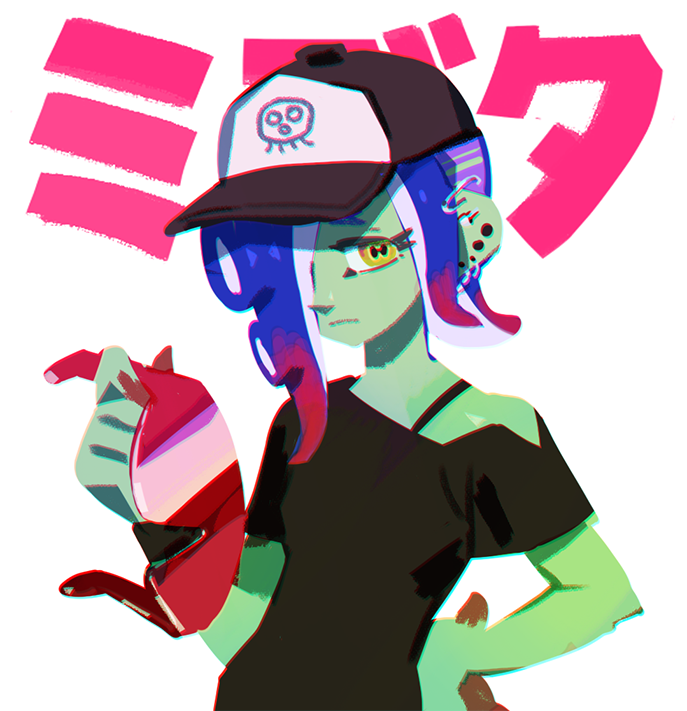 1girl 2gold baseball_cap blue_hair cephalopod_eyes colored_skin colored_tips commentary_request dedf1sh eyelashes green_skin hair_over_one_eye hand_on_own_hip hat holding holding_removed_eyewear korean_commentary long_hair multicolored_hair octoling print_headwear red-tinted_eyewear red_hair sanitized_(splatoon) simple_background solo splatoon_(series) splatoon_3 splatoon_3:_side_order tentacle_hair tinted_eyewear translation_request two-tone_hair unworn_eyewear upper_body white_background yellow_eyes