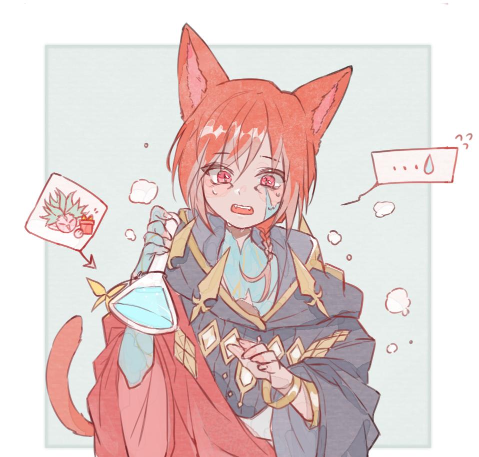 1boy animal_ears bracelet cat_ears cat_tail cloak crystal_exarch fangs final_fantasy final_fantasy_xiv g'raha_tia hood hood_down hooded_cloak jewelry male_focus material_growth miqo'te open_mouth red_eyes red_hair slit_pupils solo tail tladpwl03 vial wide-eyed