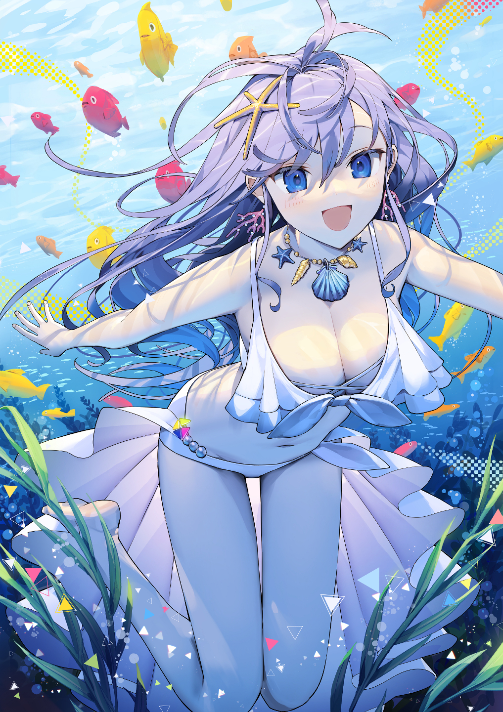 1girl :d bangs barefoot blue_eyes blush breasts bubble cleavage commentary_request eyebrows_visible_through_hair eyelashes fingernails fish hair_between_eyes hair_ornament highres jewelry knees_together long_hair looking_at_viewer misoni_comi navel necklace open_mouth original outstretched_arms purple_hair seashell shell smile soles starfish_hair_ornament underwater