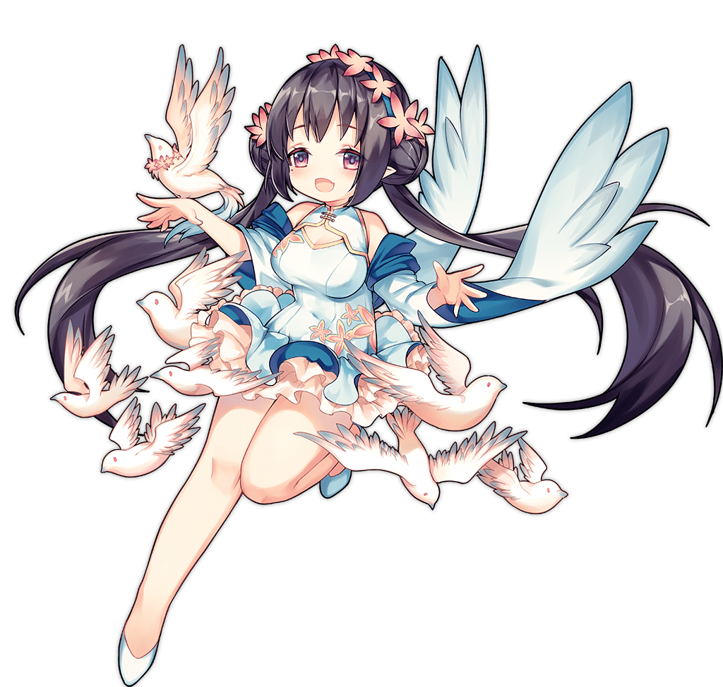 1girl :d ankle_flower anklet ao_jun ark_order back_bow bare_shoulders bird blue_hairband bow breasts brown_hair covered_navel detached_sleeves double_bun dove dress dress_flower flower flower_anklet frilled_dress frills full_body hair_bun hair_flower hair_ornament hair_ribbon hairband jewelry knee_up long_hair long_sleeves looking_at_viewer medium_breasts mole mole_under_eye no_nose official_art pink_bow pink_eyes pink_flower ribbon shoes sidelocks smile solo tachi-e transparent_background twintails very_long_hair white_bird white_dress white_footwear wide_sleeves winged_footwear xiaozhou-chan