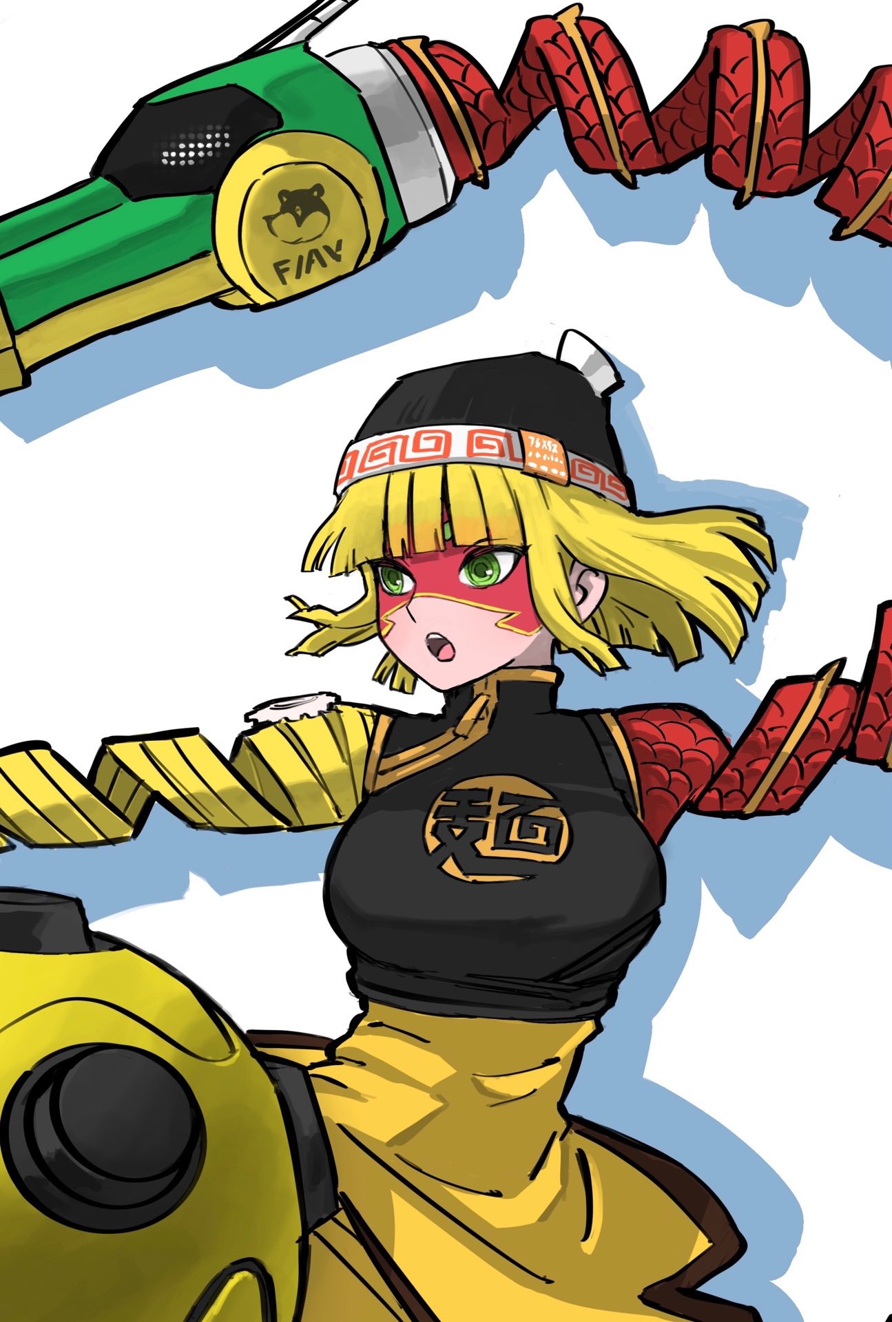 1girl arms_(game) beanie blonde_hair blunt_bangs chinese_clothes domino_mask dragon_(arms) drop_shadow fakaisoko94 green_eyes hat highres mask megawatt_(arms) min_min_(arms) official_alternate_color ringed_eyes shirt short_hair solo stretched_limb yellow_shirt