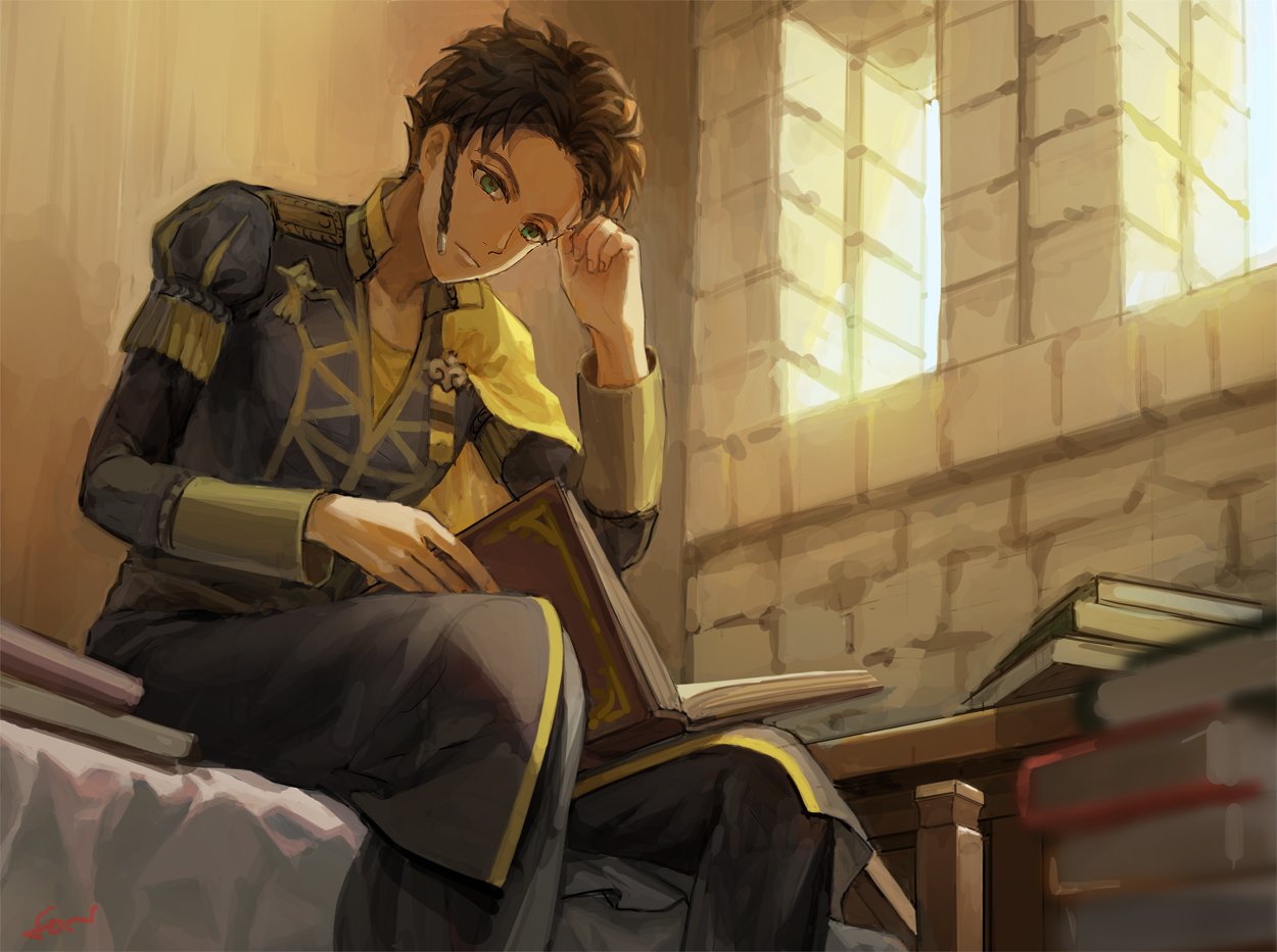 1boy black_pants book book_stack braid brown_hair claude_von_riegan closed_mouth fire_emblem fire_emblem:_three_houses fon-due_(fonfon) garreg_mach_monastery_uniform green_eyes long_sleeves looking_down male_focus on_bed open_book pants reading short_hair sitting solo stone_wall window