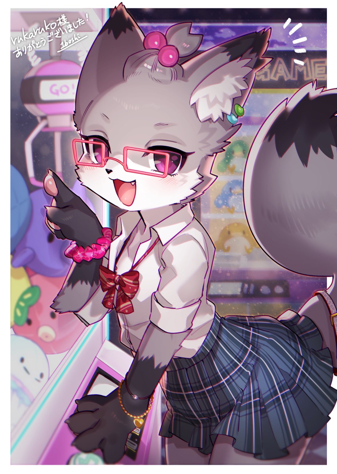 1boshi 1boy animal_ear_fluff animal_ears arcade artist_name border bow bowtie bracelet collared_shirt commission commissioner_name crane_game fang fox_boy fox_ears fox_tail glasses grey_fur hair_bobbles hair_ornament highres jewelry leaning_forward male_focus multicolored_fur open_mouth original otoko_no_ko outside_border pawpads pink-framed_eyewear purple_eyes red_bow red_bowtie s_(rukaruko) second-party_source shirt shirt_tucked_in skirt solo tail topknot white_border white_shirt