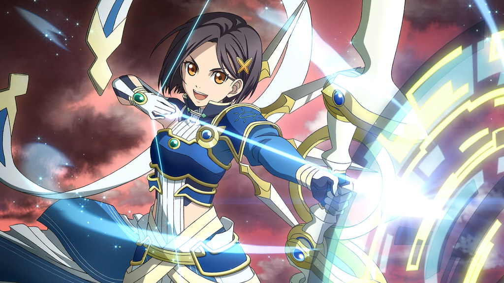 1girl armor arrow_(projectile) artist_request bandai black_hair blue_armor bow_(weapon) brown_eyes gloves hair_ornament official_alternate_costume official_art rinwell_(tales) short_hair tales_of_(series) tales_of_the_rays weapon white_gloves