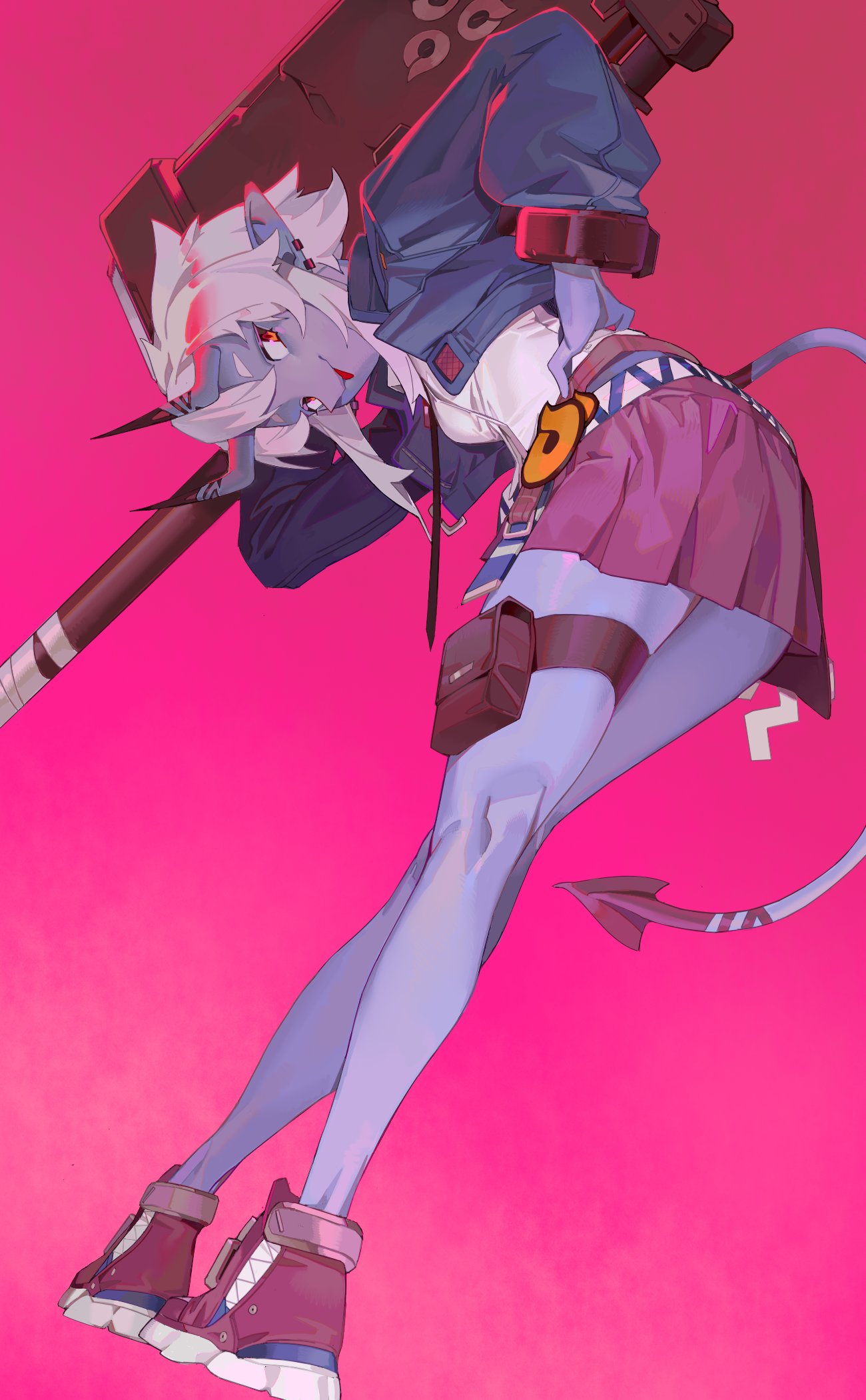 1girl :p belt bent_over blue_jacket colored_skin cropped_jacket demon_girl demon_horns demon_tail earclip furry furry_female highres holding horns jacket kneepits looking_at_viewer looking_back open_clothes open_jacket pink_background pointy_ears pouch purple_skin purple_skirt red_eyes shoes short_hair_with_long_locks skirt solo soukaku_(zenless_zone_zero) standing tail thigh_pouch thigh_strap tongue tongue_out white_hair xu_sanchuan zenless_zone_zero