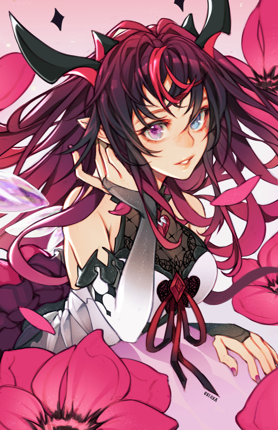 1girl artist_name black_hair blue_eyes blush breasts bridal_gauntlets closed_mouth demon_horns detached_sleeves detached_wings dress eyelashes flower gradient_dress gradient_hair halo hand_in_own_hair heterochromia highres hololive hololive_english horns irys_(hololive) irys_(irys_1.0)_(hololive) lips long_hair looking_at_viewer medium_breasts multicolored_hair nail_polish oxcoxa parted_lips pink_background pink_flower pointy_ears purple_eyes purple_hair purple_nails red_hair red_ribbon ribbon signature simple_background smile solo streaked_hair upper_body virtual_youtuber white_dress wings