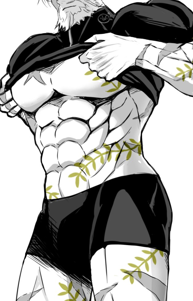 1boy abs bara bare_pectorals beard boxers dressing expressionless facial_hair full_beard greyscale head_out_of_frame large_pectorals leonidas_(shuumatsu_no_valkyrie) male_focus male_underwear mature_male monochrome muscular muscular_male no_nipples obliques pectorals pencil_mustache shuumatsu_no_valkyrie simple_background solo spot_color standing stomach syugyout thick_beard underwear