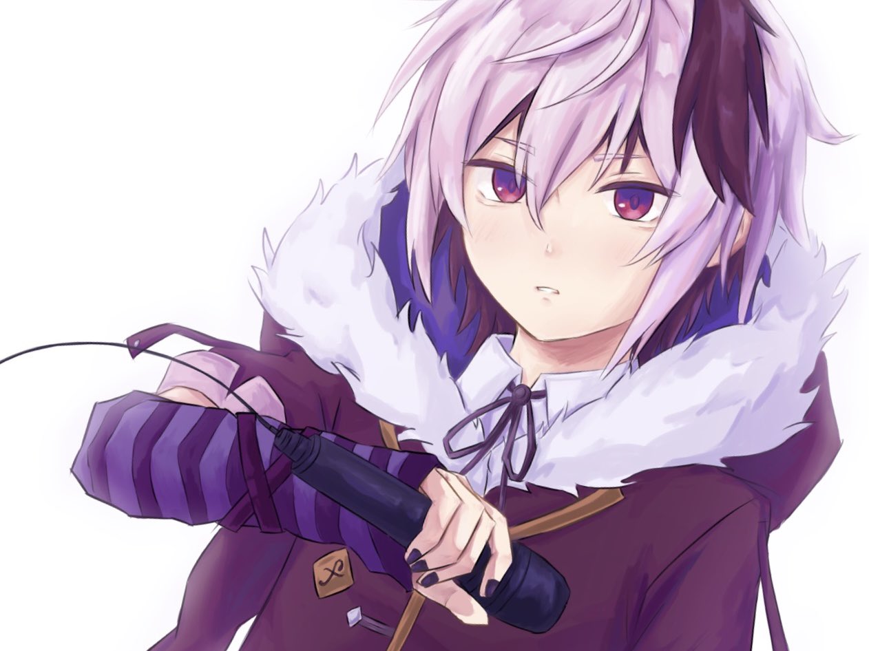 1girl androgynous arm_warmers black_hair black_nails coat collared_shirt dress_shirt flat_chest flower_(vocaloid) flower_(vocaloid4) forte_(symbol) fur_trim gonn0774 holding holding_microphone hood hood_down hooded_jacket jacket messy_hair microphone multicolored_hair nail_polish neck_ribbon purple_eyes purple_ribbon ribbon shirt short_hair short_sleeves simple_background single_arm_warmer teeth tomboy two-tone_hair vocaloid white_background white_hair white_shirt winter_clothes winter_coat winter_uniform wrist_straps