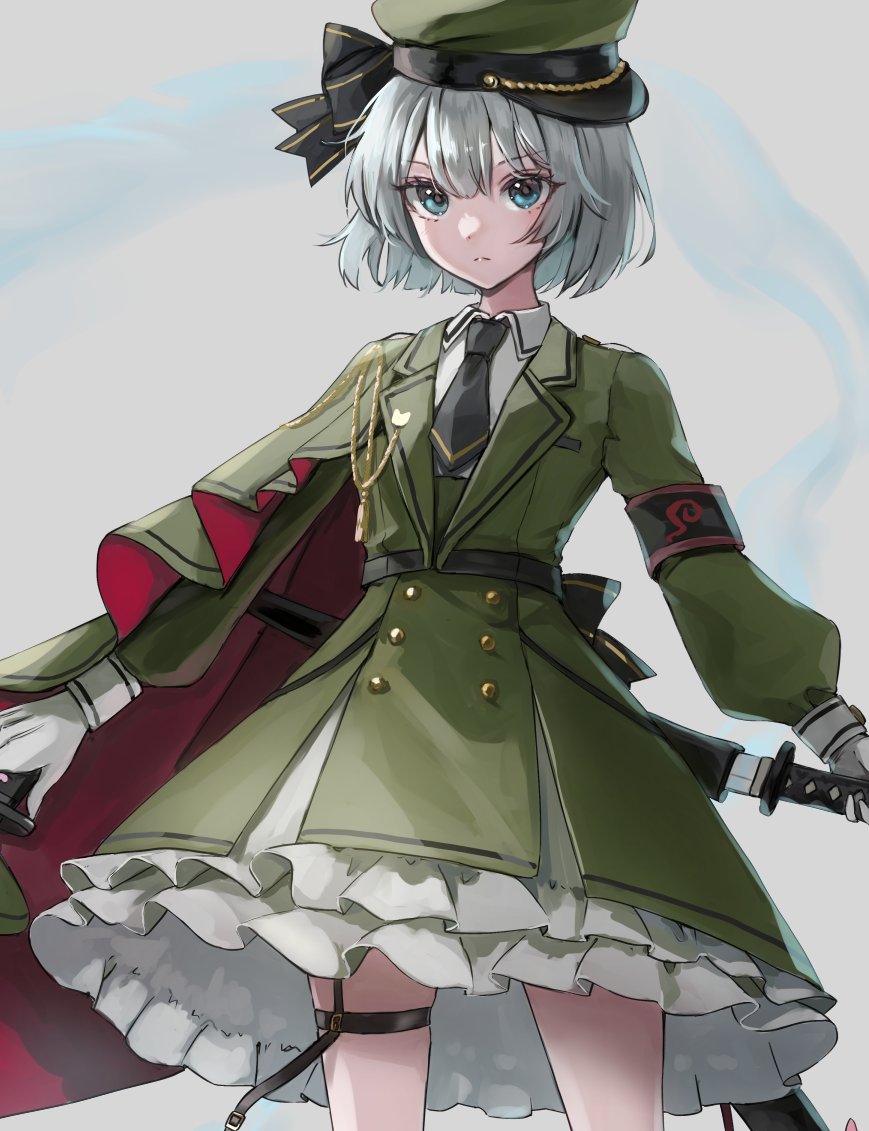 1girl adapted_costume armband black_armband black_necktie blue_eyes gloves green_jacket jacket konpaku_youmu konpaku_youmu_(ghost) looking_at_viewer military_uniform necktie serious shironeko_yuuki shirt short_hair solo sword thighs touhou uniform weapon white_gloves white_hair white_shirt youmu_day