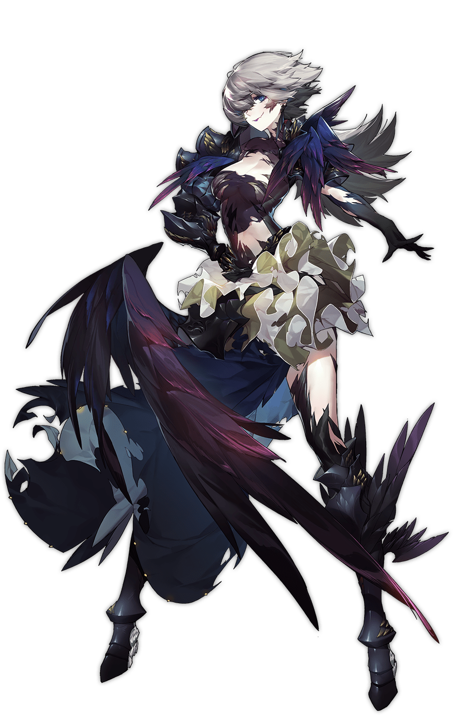 1girl ark_order armor black_dress black_footwear black_gloves black_wings blue_eyes boots breasts dress elbow_gloves feathered_wings frilled_skirt frills full_body gauntlets gebijiade_89 gloves grey_skirt grin hand_on_own_hip highres knee_boots large_breasts layered_skirt looking_at_viewer morrigan_(ark_order) multiple_wings official_art short_hair shoulder_armor skirt smile solo standing tachi-e torn_clothes torn_dress torn_gloves transparent_background white_hair winged_footwear wings