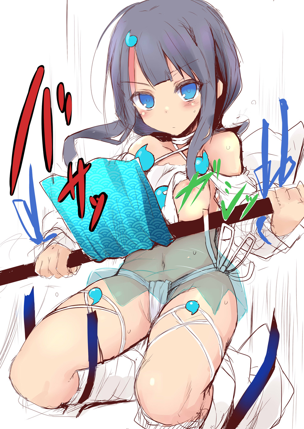 1girl areola_slip bare_shoulders black_hair blue_eyes blue_ribbon blush breasts clothes_lift collarbone detached_leggings dress dress_lift fate/grand_order fate/requiem fate_(series) fundoshi highres japanese_clothes jewelry kneeling leggings long_sleeves looking_at_viewer magatama magatama_hair_ornament magatama_necklace medium_breasts medium_hair multicolored_hair navel necklace one_breast_out pelvic_curtain pink_hair polearm puffy_long_sleeves puffy_sleeves ribbon seigaiha sen_(astronomy) short_dress sideless_outfit sidelocks solo sound_effects spear streaked_hair thighs translation_request utsumi_erice wardrobe_malfunction weapon white_dress white_leggings wind wind_lift