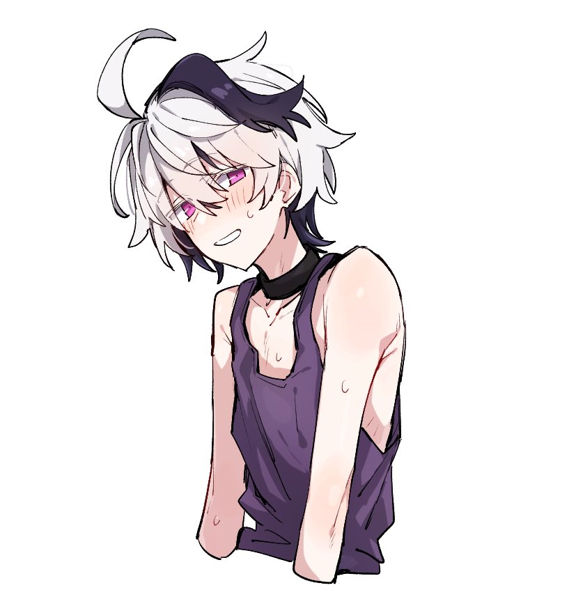 1girl ahoge androgynous azuma_shino black_hair blush choker flat_chest flower_(vocaloid) flower_(vocaloid4) head_tilt loose_clothes loose_shirt multicolored_hair purple_eyes purple_shirt ribs shirt short_hair skinny smile sweat sweatdrop tomboy two-tone_hair upper_body vocaloid white_background white_eyelashes white_hair