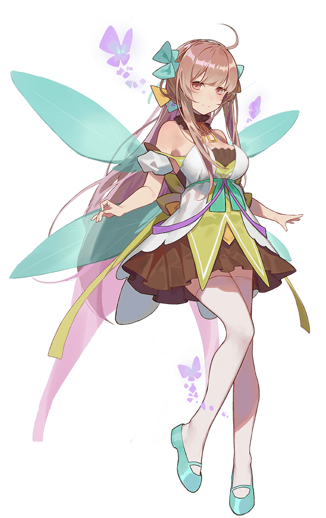 1girl ahoge aqua_ribbon ark_order bare_shoulders blue_footwear blue_ribbon blush bow breasts brown_dress brown_hair closed_mouth detached_sleeves dress fairy_(ark_order) fairy_wings flower full_body green_bow green_dress hair_ornament hairband large_breasts leg_ribbon long_hair looking_at_viewer low_ponytail multicolored_clothes multicolored_dress official_art plant puffy_short_sleeves puffy_sleeves purple_hairband purple_ribbon red_cucumber red_eyes ribbon rose shoes short_sleeves sidelocks smile solo tachi-e thighhighs transparent_background very_long_hair white_dress white_thighhighs wings yellow_ribbon