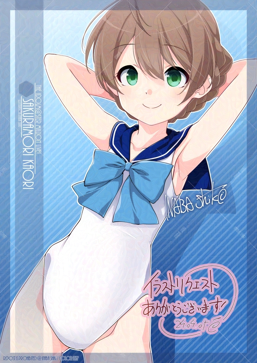 1girl ahoge armpits arms_behind_head artist_name blue_bow blue_sailor_collar bow braid brown_hair character_name commission gradient_background green_eyes hair_between_eyes highres idolmaster idolmaster_million_live! inaba_shiki leotard pixiv_commission sailor_collar sakuramori_kaori short_hair sitting sleeveless solo striped_background white_leotard