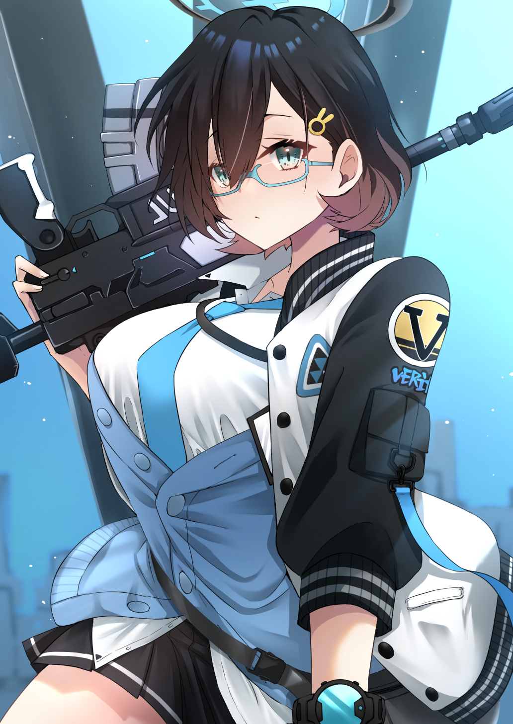 1girl aqua-framed_eyewear aqua_eyes assault_rifle black_hair black_skirt black_sleeves blue_archive blue_cardigan blue_necktie breasts cardigan chihiro_(blue_archive) commentary_request cowboy_shot fanny_pack glasses gun h&amp;k_hk416 hair_between_eyes hair_ornament halo highres holding holding_gun holding_weapon jacket large_breasts long_sleeves looking_at_viewer multicolored_clothes multicolored_jacket necktie open_clothes over_shoulder partially_unbuttoned pleated_skirt rabbit_hair_ornament rifle semi-rimless_eyewear shirt short_hair skirt solo standing two-tone_jacket under-rim_eyewear vent_vert_(kuuya) watch weapon weapon_over_shoulder white_jacket white_shirt wristwatch