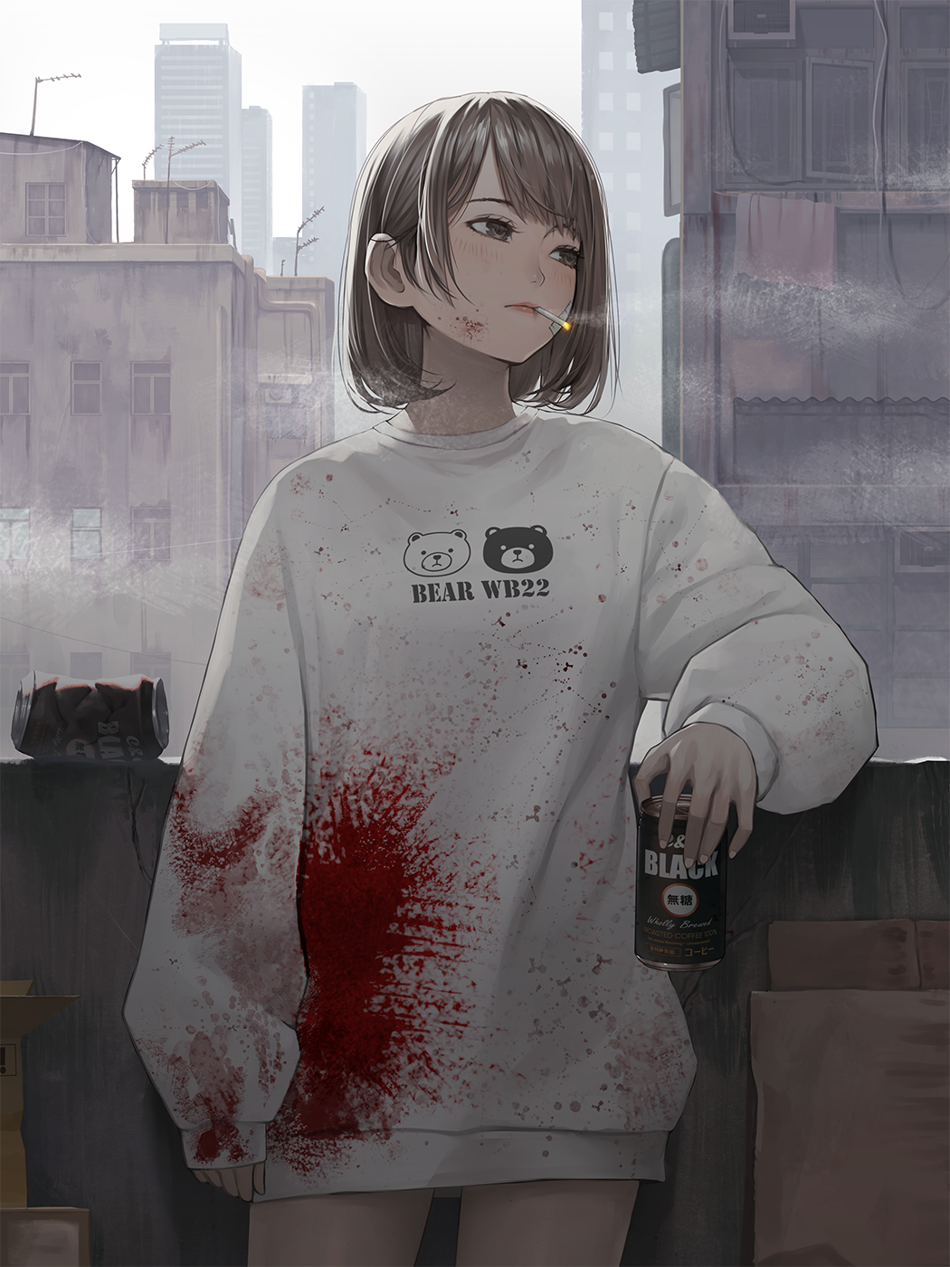 1girl animal_print bear_print blood blood_on_clothes blood_on_face blood_splatter blush breasts brown_eyes brown_hair building can canned_coffee cigarette closed_mouth clothes_writing commentary crushed_can day drink_can english_commentary highres holding holding_can jchoy long_sleeves looking_to_the_side mouth_hold original outdoors print_shirt puffy_long_sleeves puffy_sleeves radio_antenna shirt sleeves_past_wrists small_breasts smoke smoking solo white_shirt