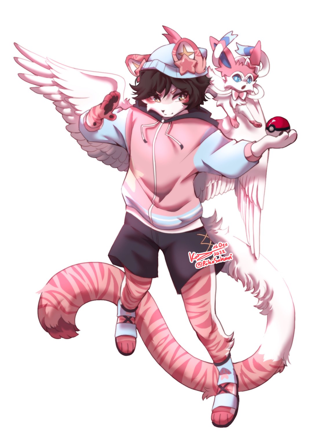 anthro biped bottomwear clothed clothing duo eeveelution eyebrows feathered_wings feathers felid feral fur generation_6_pokemon hair hi_res holding_object holding_pokeball hoodie male mammal nintendo pantherine pokeball pokemon pokemon_(species) quadruped rikosakari shorts sylveon tail topwear wings