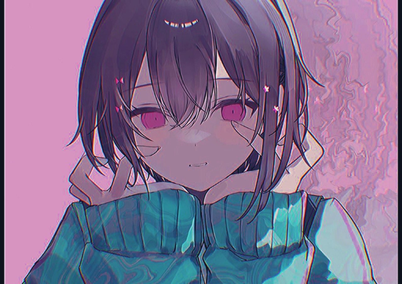 1girl app_filter aqua_jacket backpack bag black_bag black_border black_hair border bow close-up flower geometry682 hair_between_eyes hair_bow hair_flower hair_ornament hands_on_own_cheeks hands_on_own_face jacket kurari-chan kyu-kurarin_(cevio) looking_at_viewer multiple_hairpins pink_background pink_bow pink_eyes pink_flower pink_trim short_hair sleeves_past_wrists solo teeth vhs_artifacts