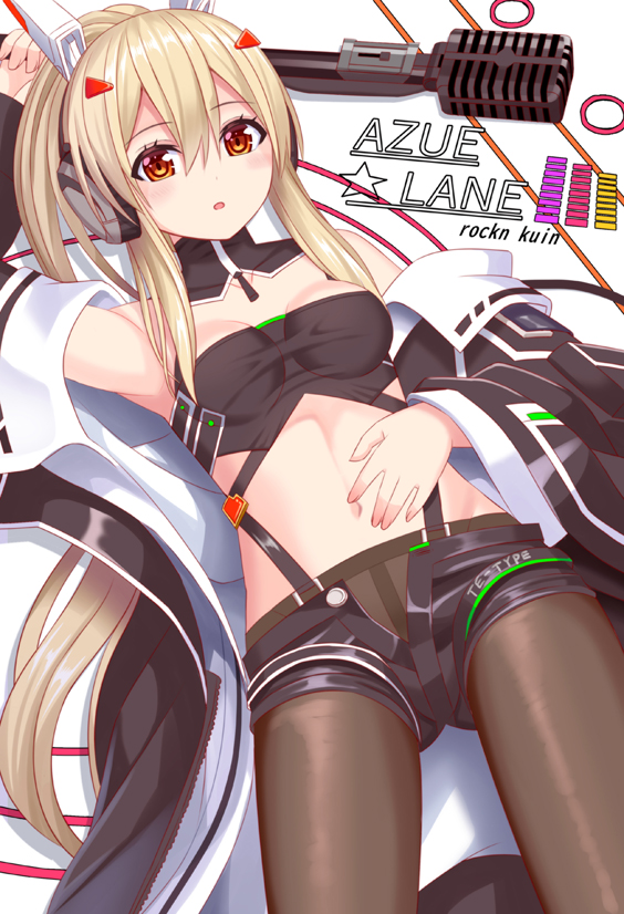 1girl arm_up ayanami_(azur_lane) ayanami_(rock'n_kijin)_(azur_lane) azur_lane bangs bare_shoulders black_jacket black_shorts blush breasts brown_eyes brown_legwear commentary_request copyright_name crop_top eyebrows_visible_through_hair hair_between_eyes headgear high_ponytail jacket legwear_under_shorts light_brown_hair long_hair long_sleeves looking_at_viewer microphone microphone_stand midriff navel off_shoulder open_clothes open_fly open_jacket open_shorts pantyhose parted_lips ponytail revision shadow short_shorts shorts small_breasts solo star_(symbol) tsukino_neru very_long_hair wide_sleeves