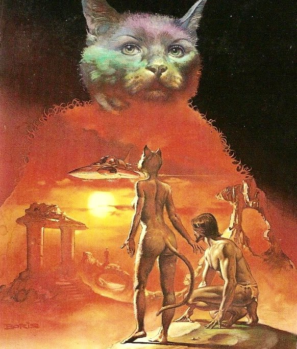 anthro beard big_breasts big_butt boris_vallejo breasts butt cape clothing desert domestic_cat duo facial_hair felid feline felis female human looking_up male mammal muscular muscular_male nude red_cape red_clothing sky skyscape spacecraft sunset thick_thighs vehicle wide_hips