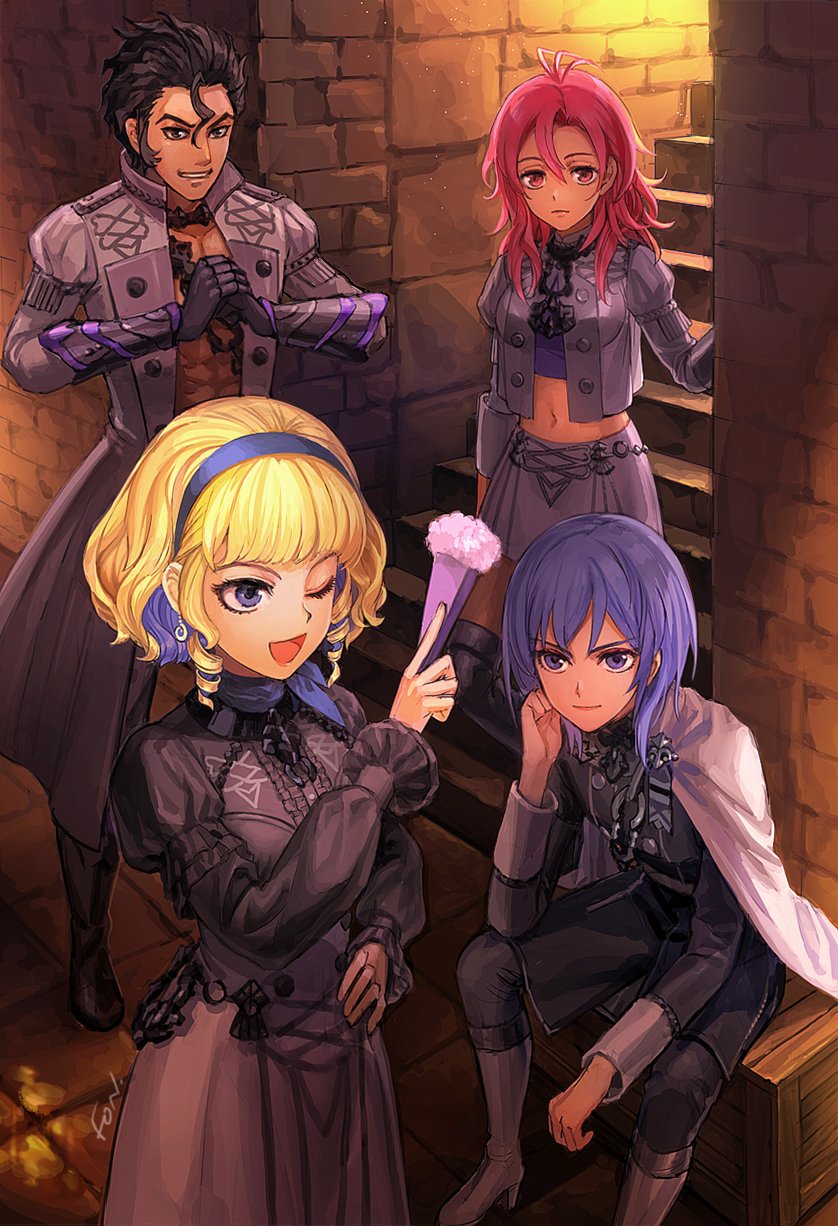 2boys 2girls balthus_von_albrecht black_dress blonde_hair blue_eyes blue_hair blue_hairband box cape coat constance_von_nuvelle cracking_knuckles dress drill_hair drill_sidelocks fire_emblem fire_emblem:_three_houses folding_fan fon-due_(fonfon) garreg_mach_monastery_uniform grey_coat grey_jacket grey_skirt hair_between_eyes hairband hand_fan hapi_(fire_emblem) highres holding holding_fan indoors jacket light_particles long_hair midriff multiple_boys multiple_girls navel one_eye_closed red_hair short_hair sidelocks signature sitting sitting_on_box skirt stone_wall white_cape yuri_leclerc