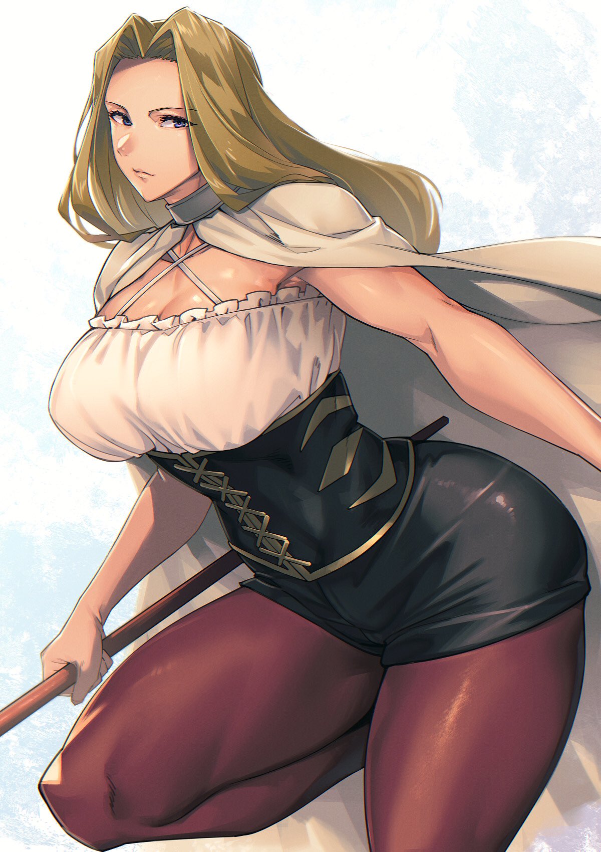 1girl black_corset black_shorts blonde_hair blue_eyes breasts brown_pantyhose cloak closed_mouth corset criss-cross_halter criss-cross_strings halterneck highres holding holding_staff large_breasts long_hair looking_at_viewer methode_(sousou_no_frieren) mikel_(4hands) pantyhose parted_bangs shirt shorts sleeveless sleeveless_shirt solo sousou_no_frieren staff standing standing_on_one_leg thick_thighs thighs white_cloak