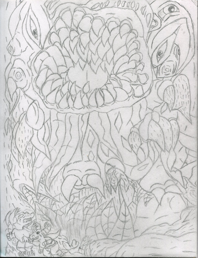 claws female graphite_(artwork) group horn jungle male monster not_furry not_furry_focus pencil_(artwork) reptile scalie sketch teeth_showing traditional_media_(artwork) unremarkable-squid