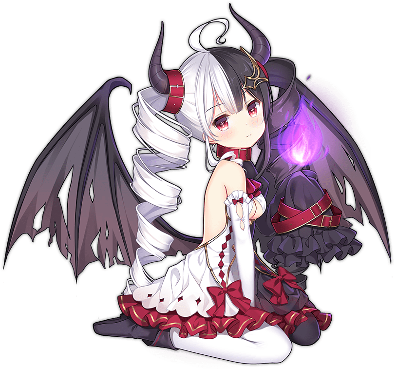 1girl ahoge ark_order ascot bare_shoulders black_dress black_footwear black_hair boots bow breasts closed_mouth collar demon_wings detached_sleeves dress drill_hair elbow_gloves expressionless fire frilled_sleeves frills from_side full_body gloves hair_belt hair_ornament hairclip hela_(ark_order) horns ikataruto looking_at_viewer medium_breasts multicolored_hair official_art red_ascot red_bow red_collar red_eyes single_glove single_sleeve sitting sleeves_past_fingers sleeves_past_wrists solo split-color_hair tachi-e torn_wings transparent_background twin_drills two-tone_hair variant_set wariza white_dress white_gloves white_hair wings