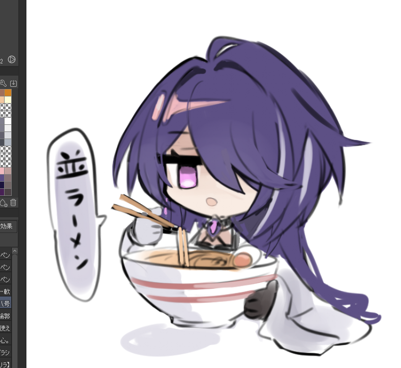 1girl acheron_(honkai:_star_rail) art_program_in_frame black_choker black_gloves bowl chibi chibi_only choker chopsticks detached_sleeves earrings egg food gloves hair_over_one_eye holding holding_chopsticks honkai:_star_rail honkai_(series) jewelry long_hair multicolored_hair noodles purple_eyes purple_hair ramen single_bare_shoulder single_earring solo streaked_hair translated utekikuore white_background