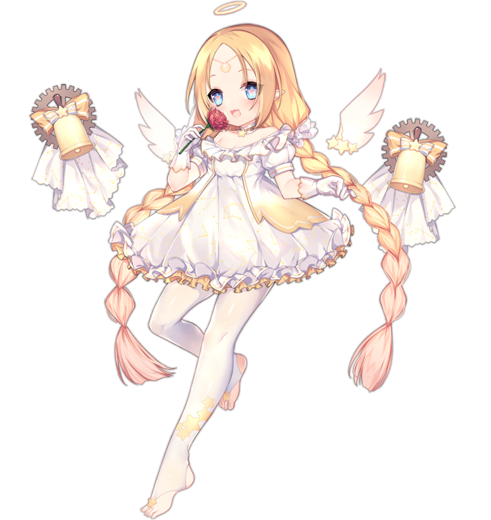 1girl :3 :d angel_(ark_order) angel_wings ao_jun ark_order bell blonde_hair blue_eyes blush bow braid constellation_print detached_wings dress flower forehead frilled_dress frills full_body gears gloves hair_ornament halo holding holding_flower long_hair looking_at_viewer mini_wings official_art pantyhose pink_pupils pointy_ears puffy_dress red_flower red_rose rose see-through see-through_legwear short_dress sidelocks smile solo standing standing_on_one_leg star-shaped_pupils star_(symbol) star_hair_ornament star_print stirrup_legwear symbol-shaped_pupils tachi-e toeless_legwear transparent_background twin_braids veil very_long_hair white_dress white_gloves white_pantyhose white_wings wings yellow_bow