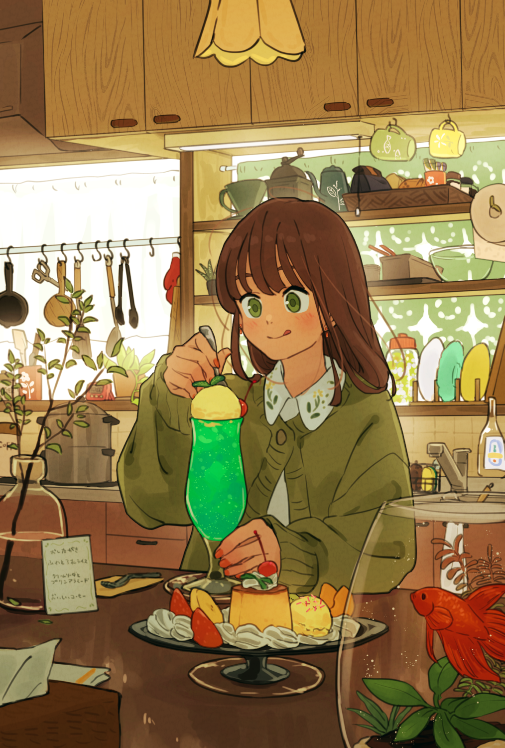 1girl bottle coffee_cup coffee_mug cup disposable_cup faucet fish fishbowl food frying_pan goldfish green_eyes highres holding holding_spoon ice_cream ice_cream_float kitchen mug original pudding_a_la_mode salad_tongs shelf spoon sweater tongue tongue_out twin-mix