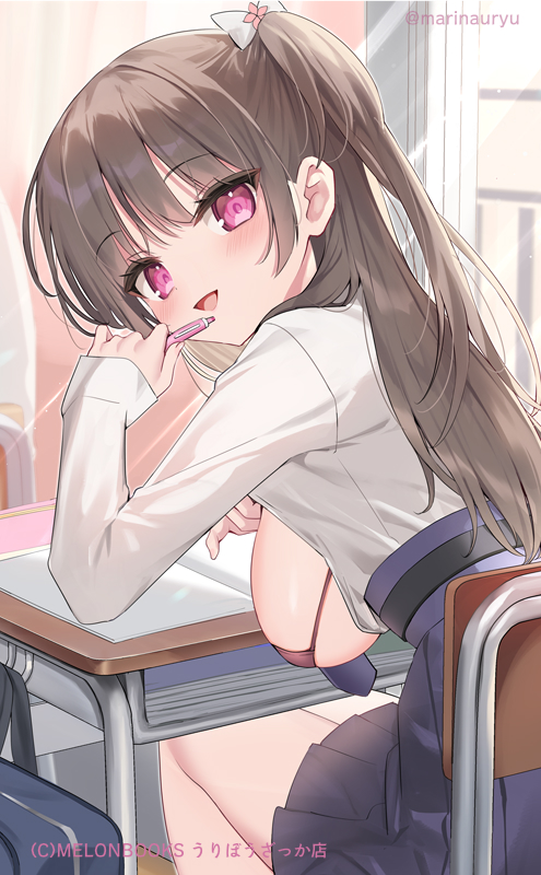 1girl :d bag bikini bikini_under_clothes blue_skirt blush breasts brown_bikini brown_hair chair day desk flashing hand_up holding holding_pen indoors large_breasts long_hair long_sleeves looking_at_viewer looking_back natsuki_marina one_breast_out one_side_up oppai_challenge original pen pleated_skirt school_bag school_chair school_desk school_uniform shirt skirt sleeves_past_wrists smile solo swimsuit twitter_username very_long_hair white_shirt window