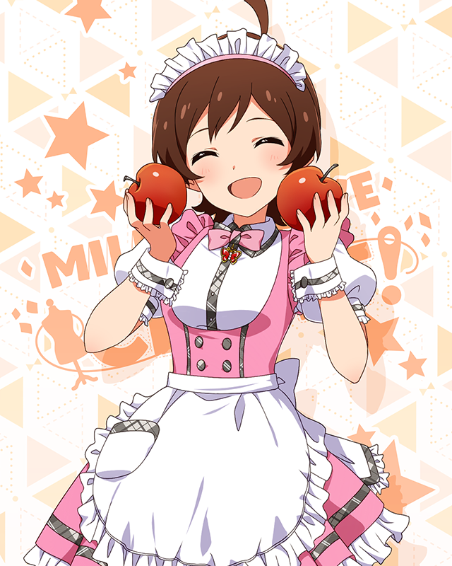1girl :d ahoge apple apron blush bow bowtie brown_hair butterfly_ornament closed_eyes dot_nose dress flipped_hair food frilled_apron frilled_skirt frills fruit hair_between_eyes hands_up holding holding_food holding_fruit idolmaster idolmaster_million_live! idolmaster_million_live!_theater_days kinoshita_hinata maid_headdress official_alternate_costume official_art open_mouth pink_bow pink_bowtie pink_dress pretty_waitress_(idolmaster) puffy_short_sleeves puffy_sleeves red_apple shirt short_hair short_sleeves sidelocks skirt smile solo standing starry_background straight-on thighhighs upper_body waist_apron waitress white_apron white_shirt white_thighhighs wrist_cuffs