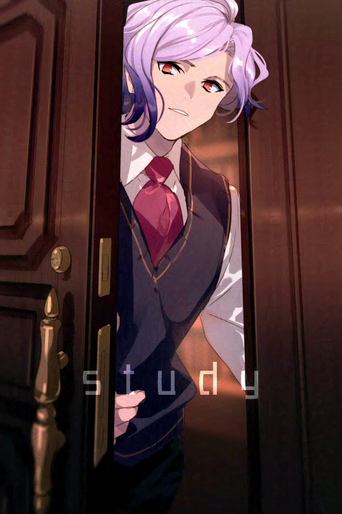 1boy black_hair black_vest collared_shirt commentary_request door echo_(circa) edmond_dantes_(fate) english_text fate/grand_order fate_(series) gradient_hair long_sleeves looking_at_viewer male_focus multicolored_hair necktie opening_door purple_hair red_eyes red_necktie shirt solo two-tone_hair vest white_shirt