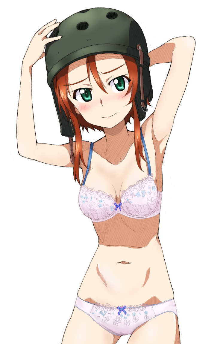1girl armpits blush bra breasts brown_hair cleavage closed_mouth girls_und_panzer green_eyes helmet helmet-chan_(girls_und_panzer) kayabakoro lingerie long_hair looking_at_viewer medium_breasts navel panties pink_bra pink_panties presenting_armpit simple_background solo underwear underwear_only white_background